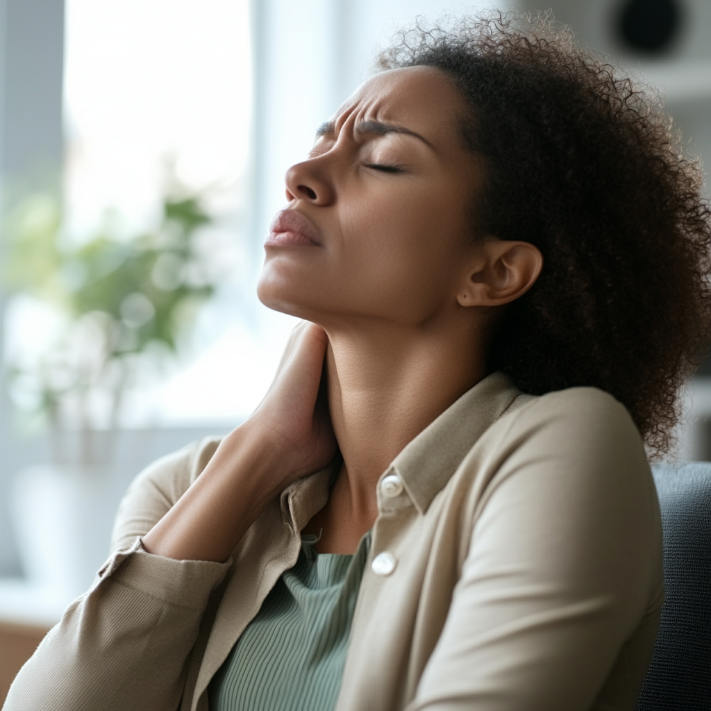 A woman holding the back of her neck, grimacing. Depicts Silent Injuries", which manifest after accidents (although not immediately after).